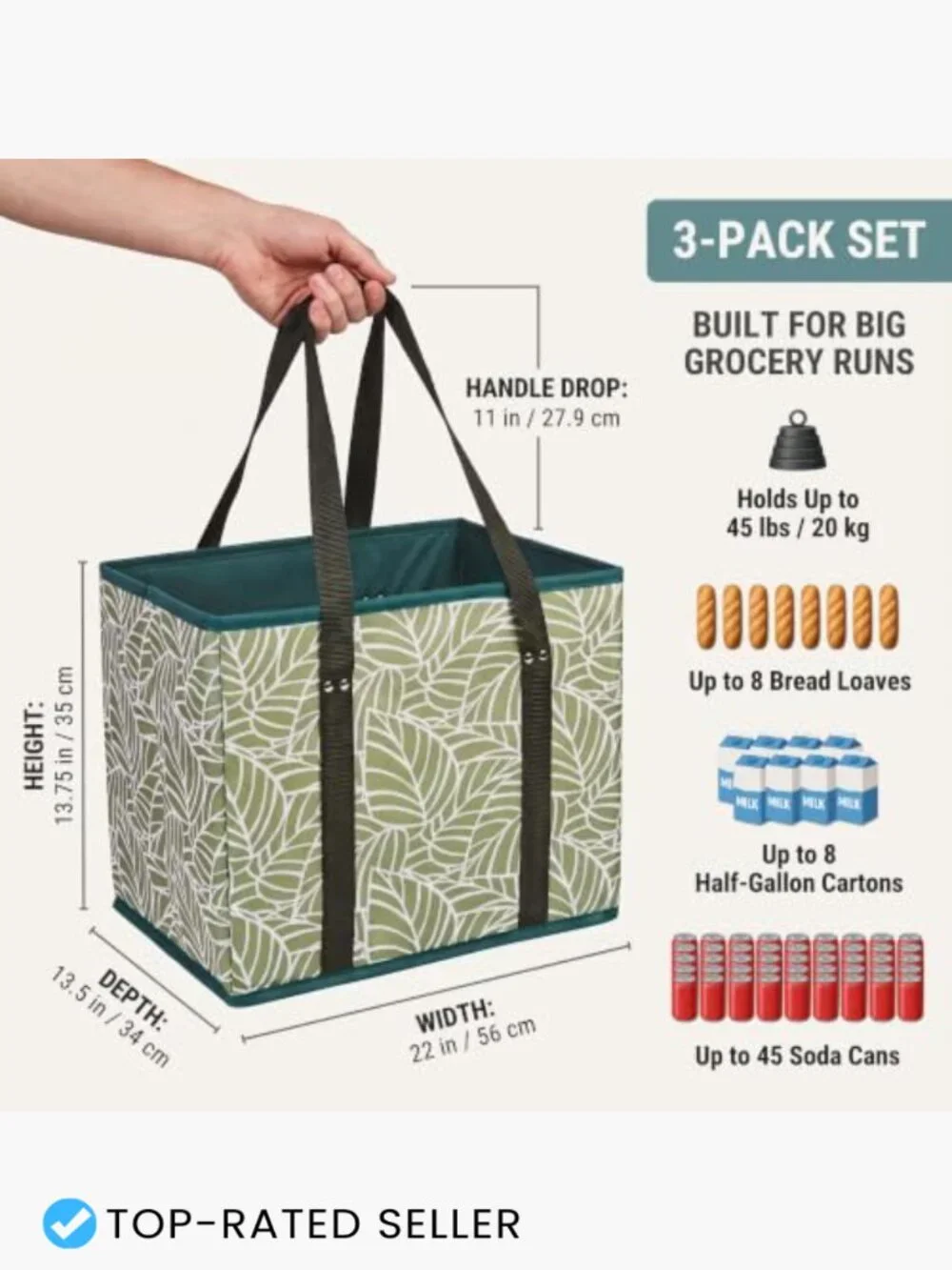 Reusable Grocery Bags 3-Pack Foldable Totes Heavy Duty Stand Up 45lb Eco